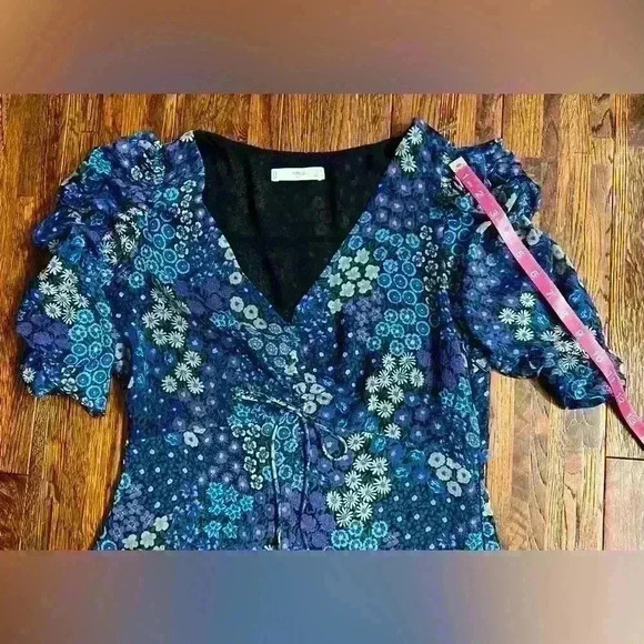 MANGO Floral Print Dress with Ruching in Blue and Purple Hues - Picture 12 of 14